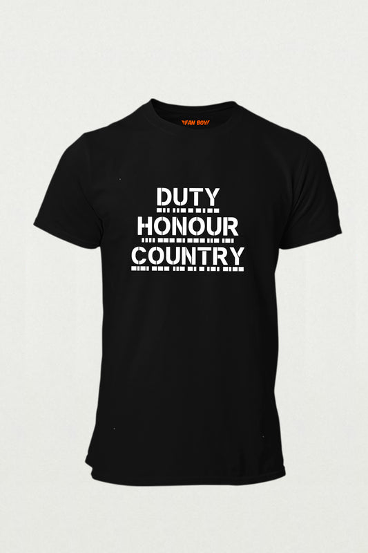 Celebrate MS Dhoni's legacy with the exclusive "Duty Honour Country" Morse Code T-Shirt. Premium cotton, military design. Buy online now from TheFanboy.in.