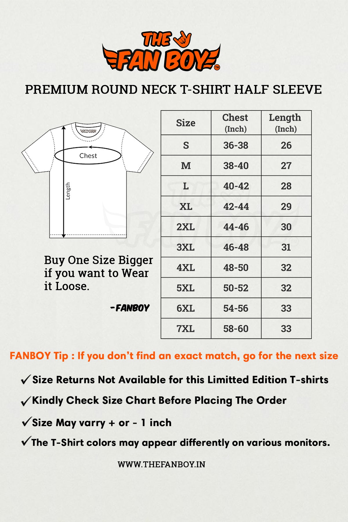 TheFanboy Classic Round Neck Size Chart – Find your perfect fit for TheFanboy Round Neck t shirt online