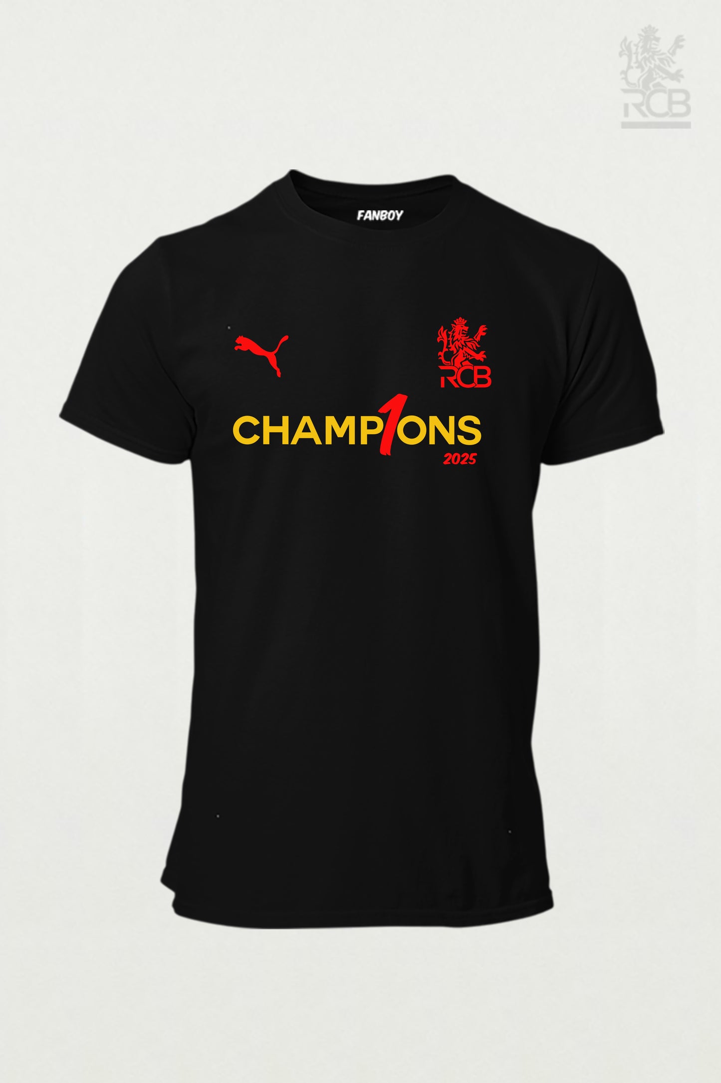 RCB Champion 2025 T-Shirt featuring bold victory design – Official IPL 2025 winner merchandise for Virat Kohli & RCB fans from TheFanboy.in