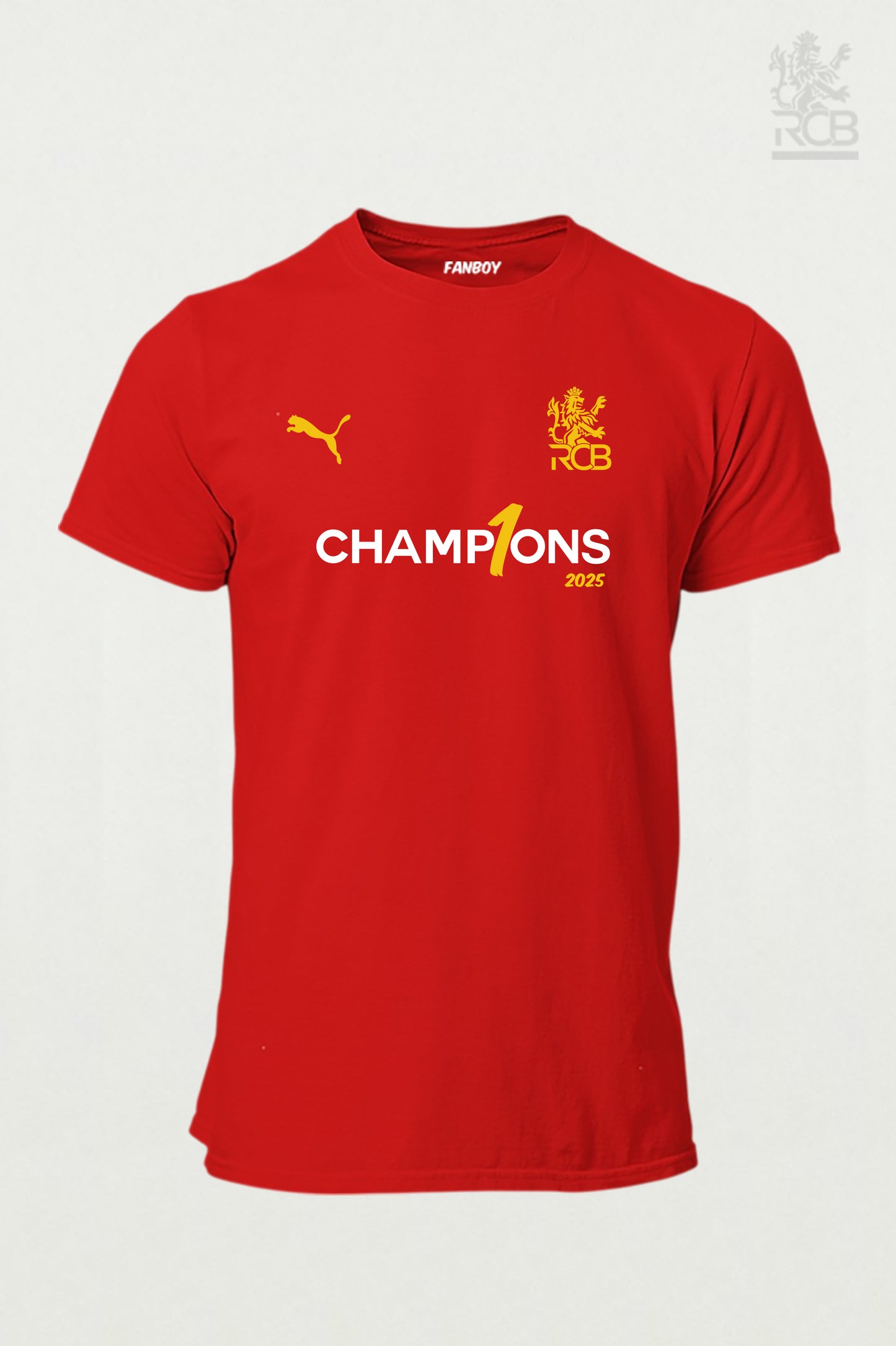 RCB Champion 2025 T-Shirt featuring bold victory design – Official IPL 2025 winner merchandise for Virat Kohli & RCB fans from TheFanboy.in