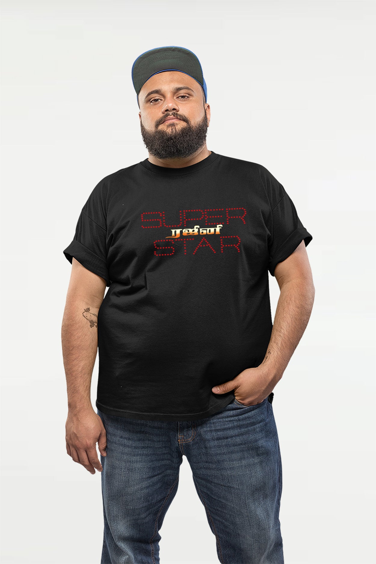 Superstar Rajini Title Card Printed Half Sleeve T-Shirt for Fans upto 7xl – Stylish Round Neck Cotton Tee