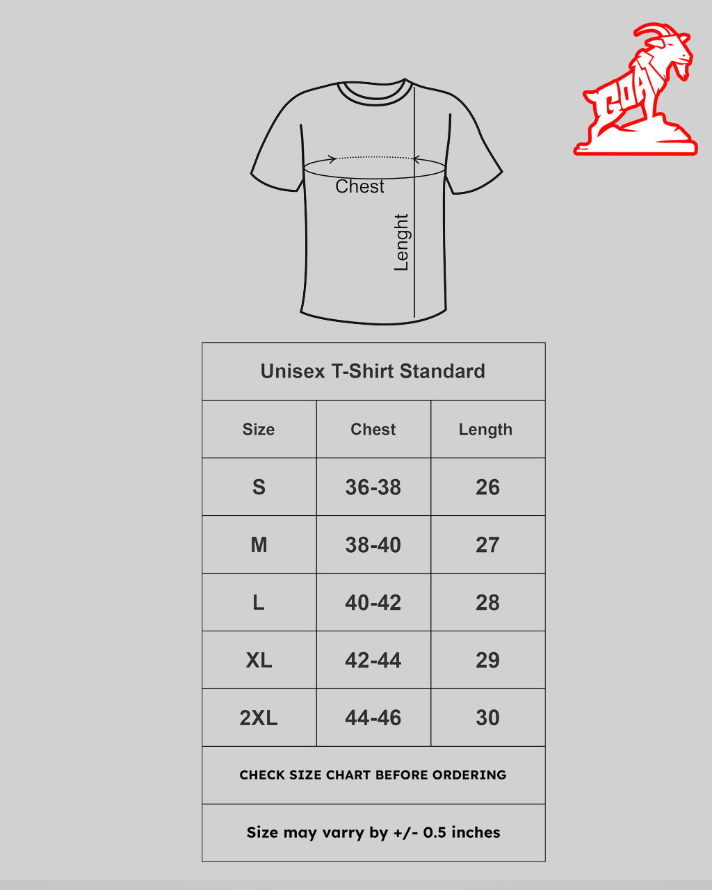 Premium Round neck t shirt size chart at goatprints
