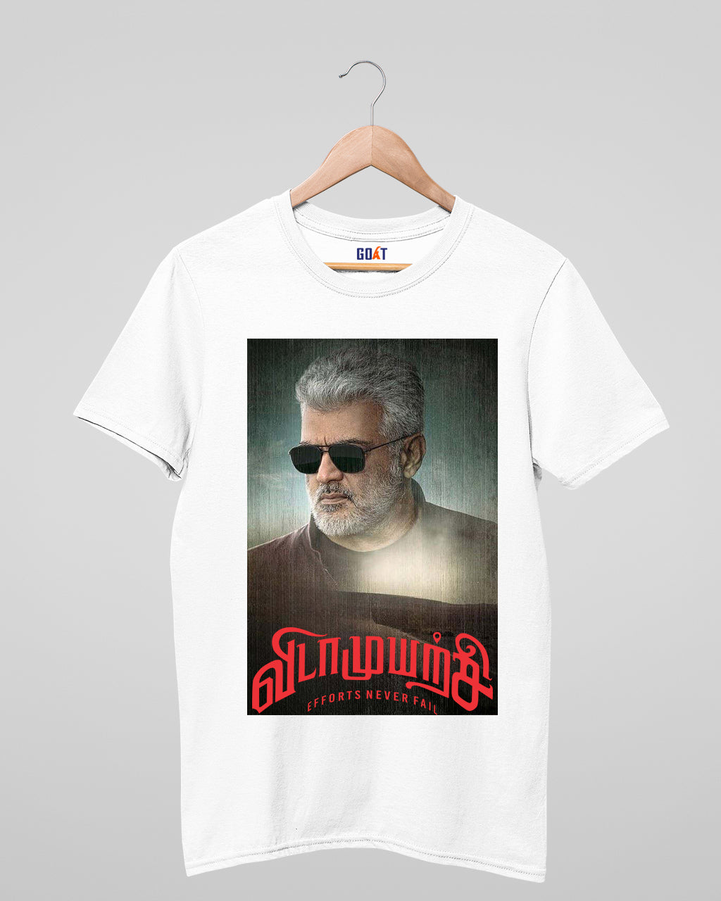 VidamuyarchVidamuyarchii-themed T-shirt featuring a striking image of Thala Ajith alongside his iconic motivational mantra, designed for fans and inspiration seekers. Perfect for everyday wear.