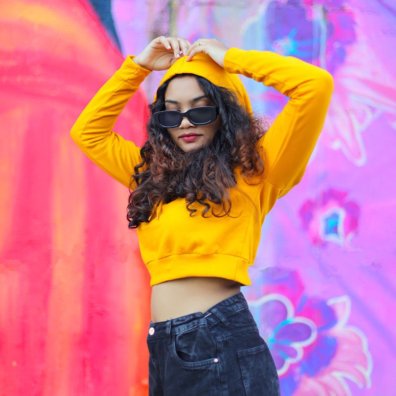 Buy Golden Yellow plain crop Hoodie online in India