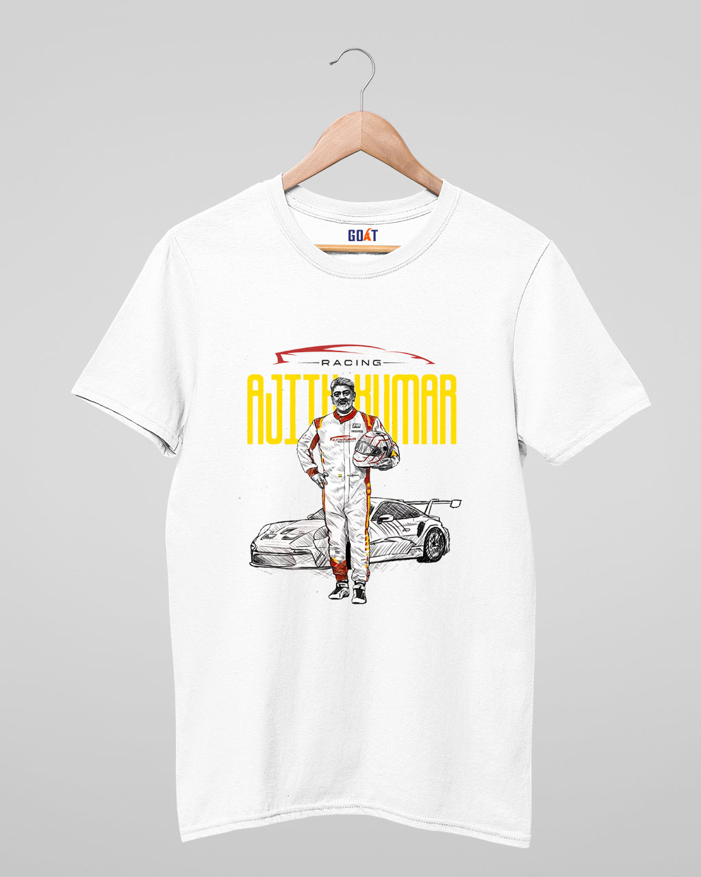 Graphic T-shirt featuring Ajith Kumar in a dynamic racing pose, designed with bold colors and sleek racing elements, perfect for fans of the Tamil superstar and motorsport enthusiasts