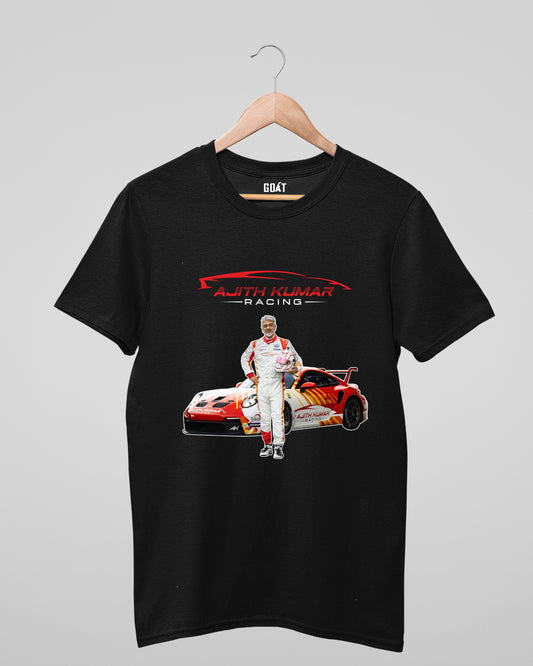 Graphic T-shirt featuring Ajith Kumar in a dynamic racing pose,