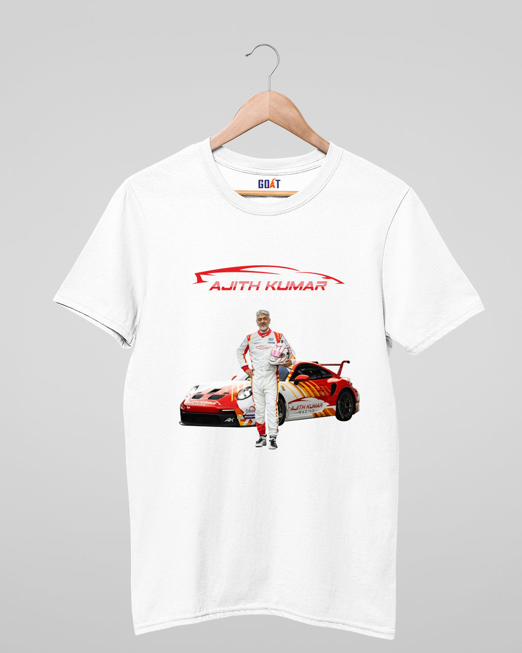 Graphic T-shirt featuring Ajith Kumar in a dynamic racing pose,
