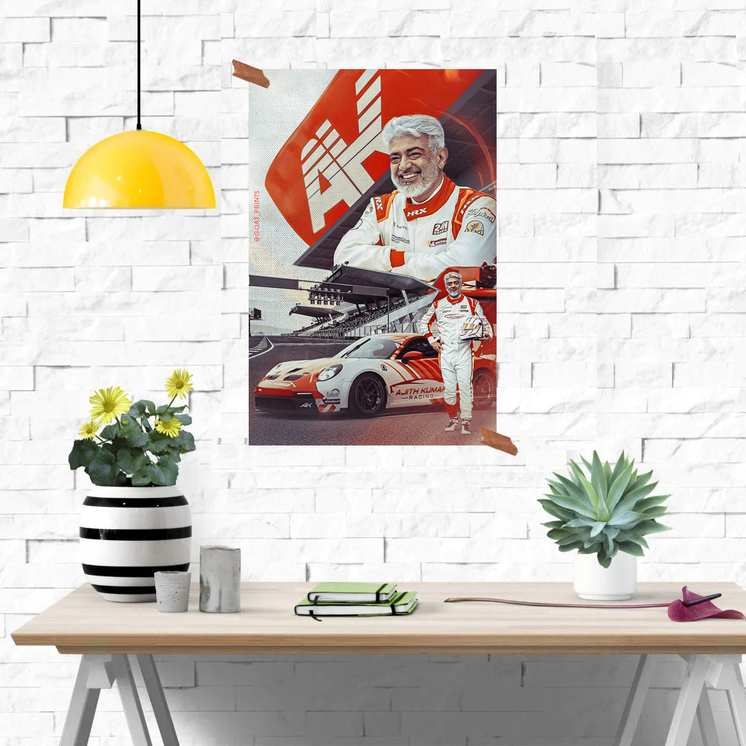 Ajith Kumar racing poster showcasing the superstar in a dynamic motorsport-inspired design, perfect for fans and racing enthusiasts. Ideal for wall decor