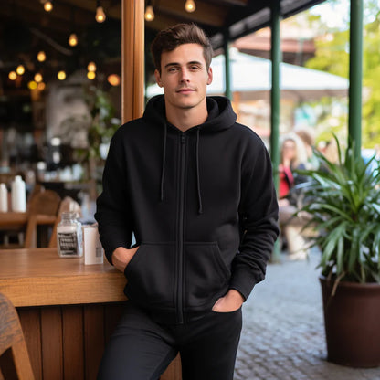 Plain Zipper Hoodie - Black