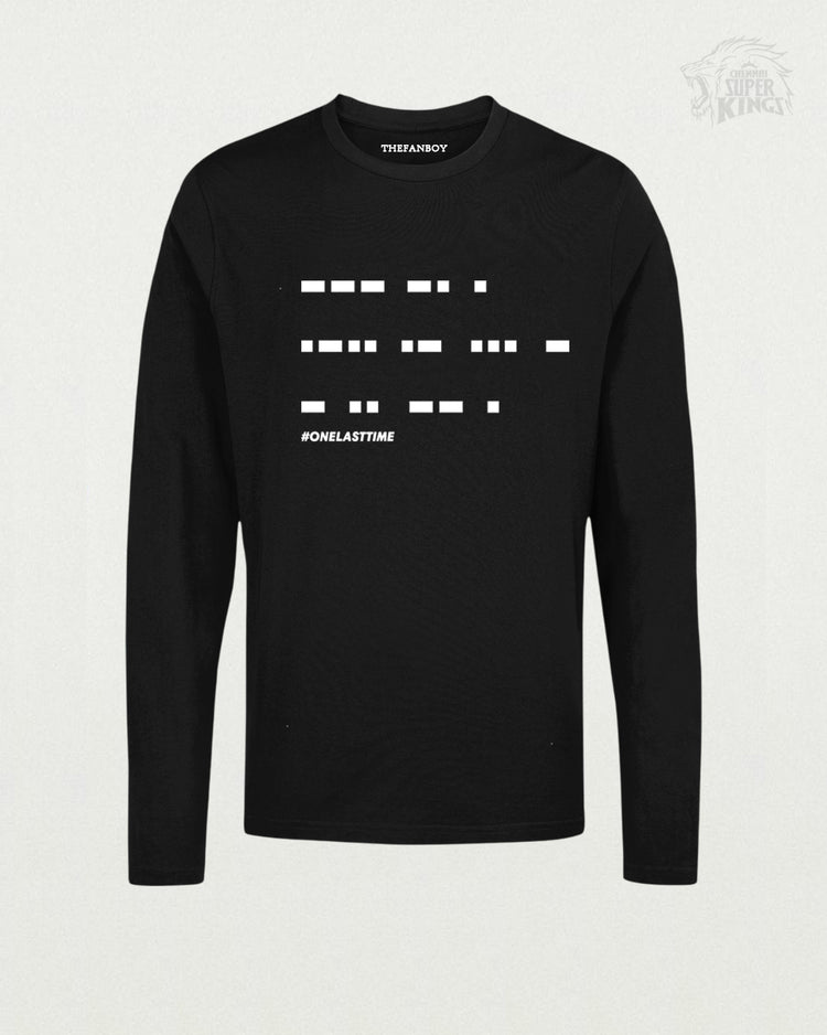 MS Dhoni ‘One Last Time’ Morse Code T-Shirt – Limited Edition Cricket Fan Apparel in black, featuring a unique Morse code design for MSD fans