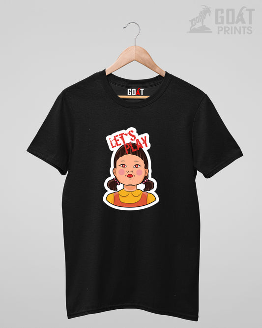 Black cotton t-shirt with Squid Game-doll printed t shirt