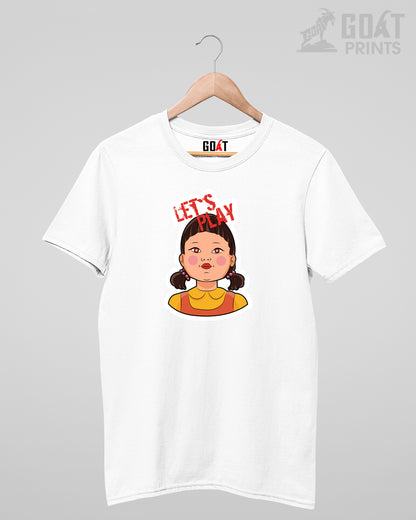 Black cotton t-shirt with Squid Game-doll printed t shirt