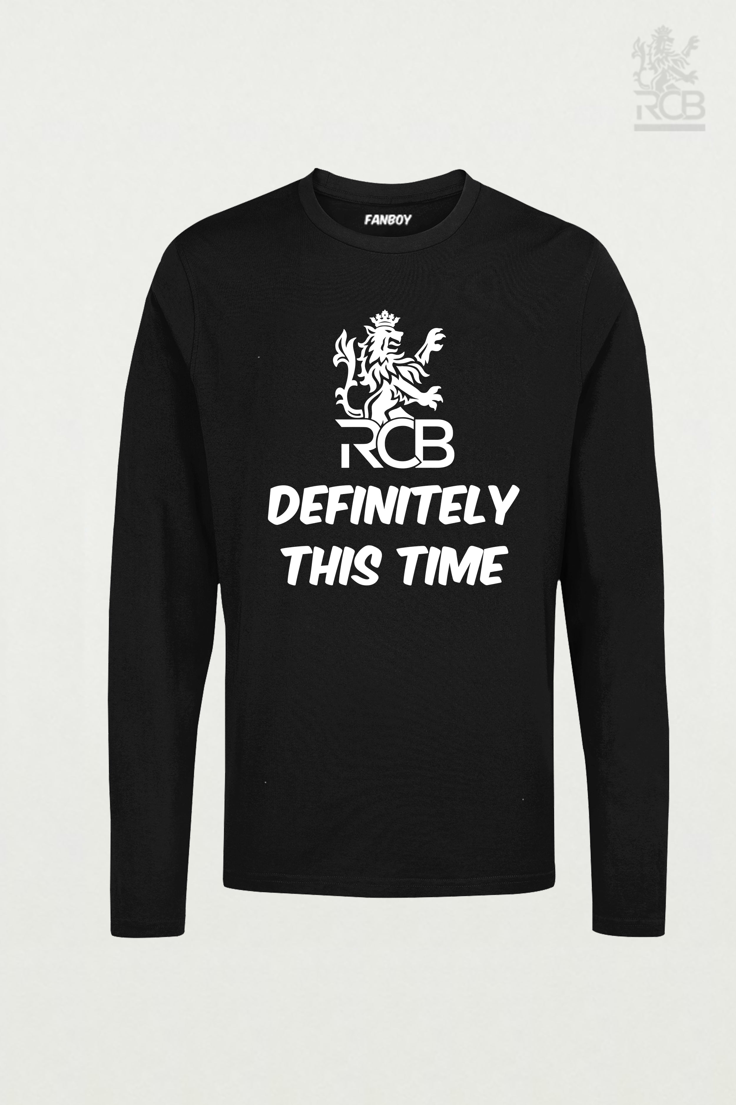 Definitely This Time RCB black T-shirt for IPL 2025 – Royal Challengers Bangalore fan merchandise with bold white typography
