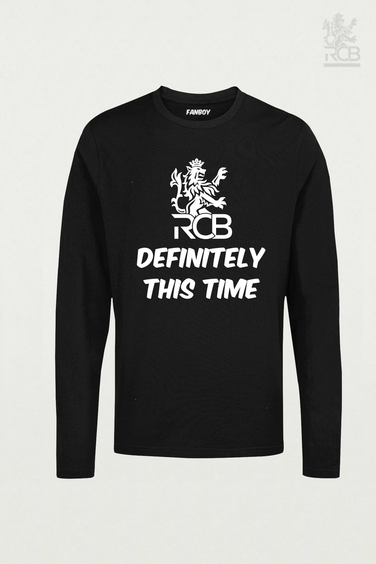 Definitely This Time RCB black T-shirt for IPL 2025 – Royal Challengers Bangalore fan merchandise with bold white typography