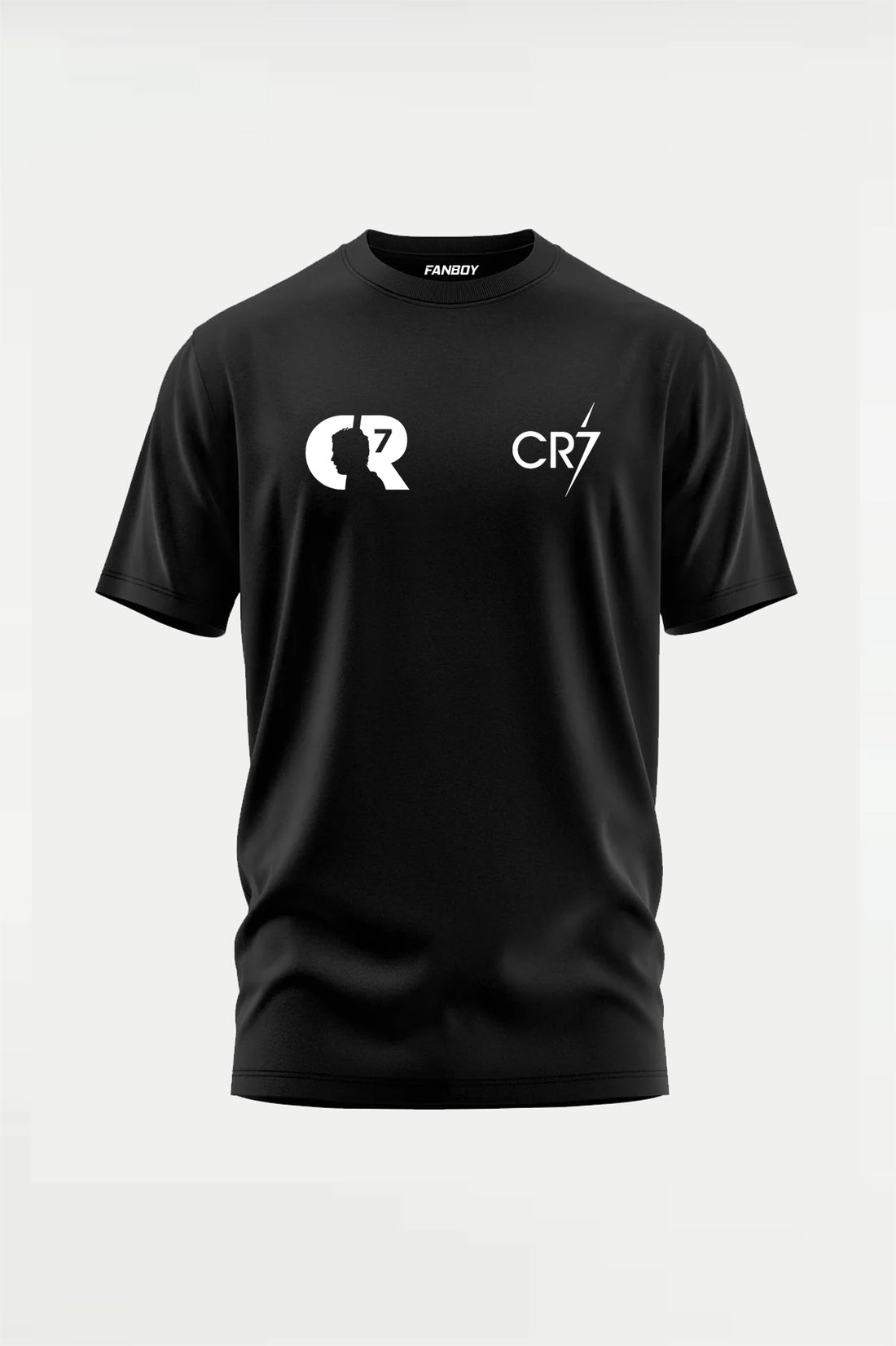 CR7 Ronaldo oversized black football fan T-shirt featuring minimalist CR7 logo on the front and Ronaldo number 7 back print design inspired by legendary football culture.