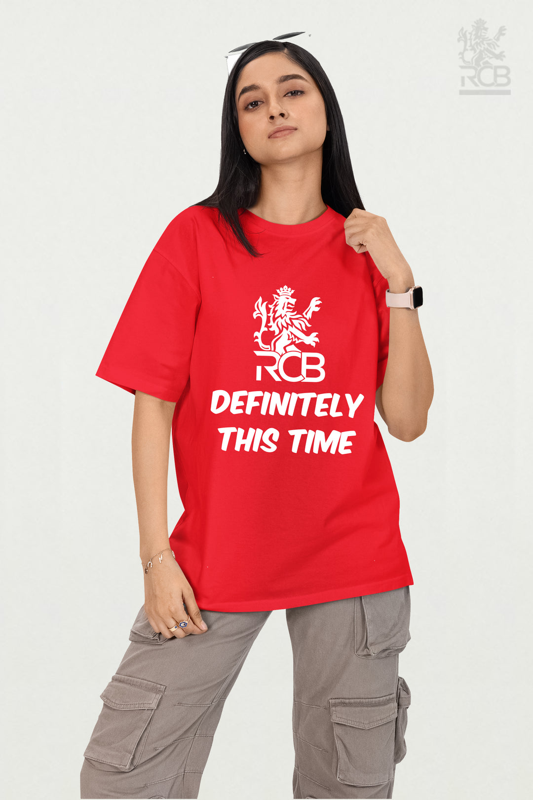 Red Definitely This Time RCB T-shirt for IPL 2025 – Royal Challengers Bangalore fan merchandise with bold white typography