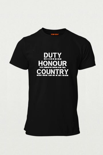Celebrate MS Dhoni's legacy with the exclusive "Duty Honour Country" Morse Code T-Shirt. Premium cotton, military design. Buy online now from TheFanboy.in.