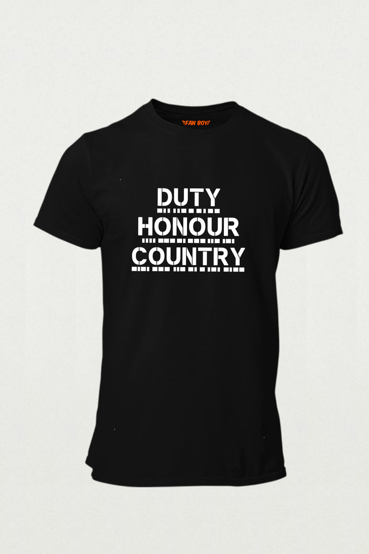 Celebrate MS Dhoni's legacy with the exclusive "Duty Honour Country" Morse Code T-Shirt. Premium cotton, military design. Buy online now from TheFanboy.in.