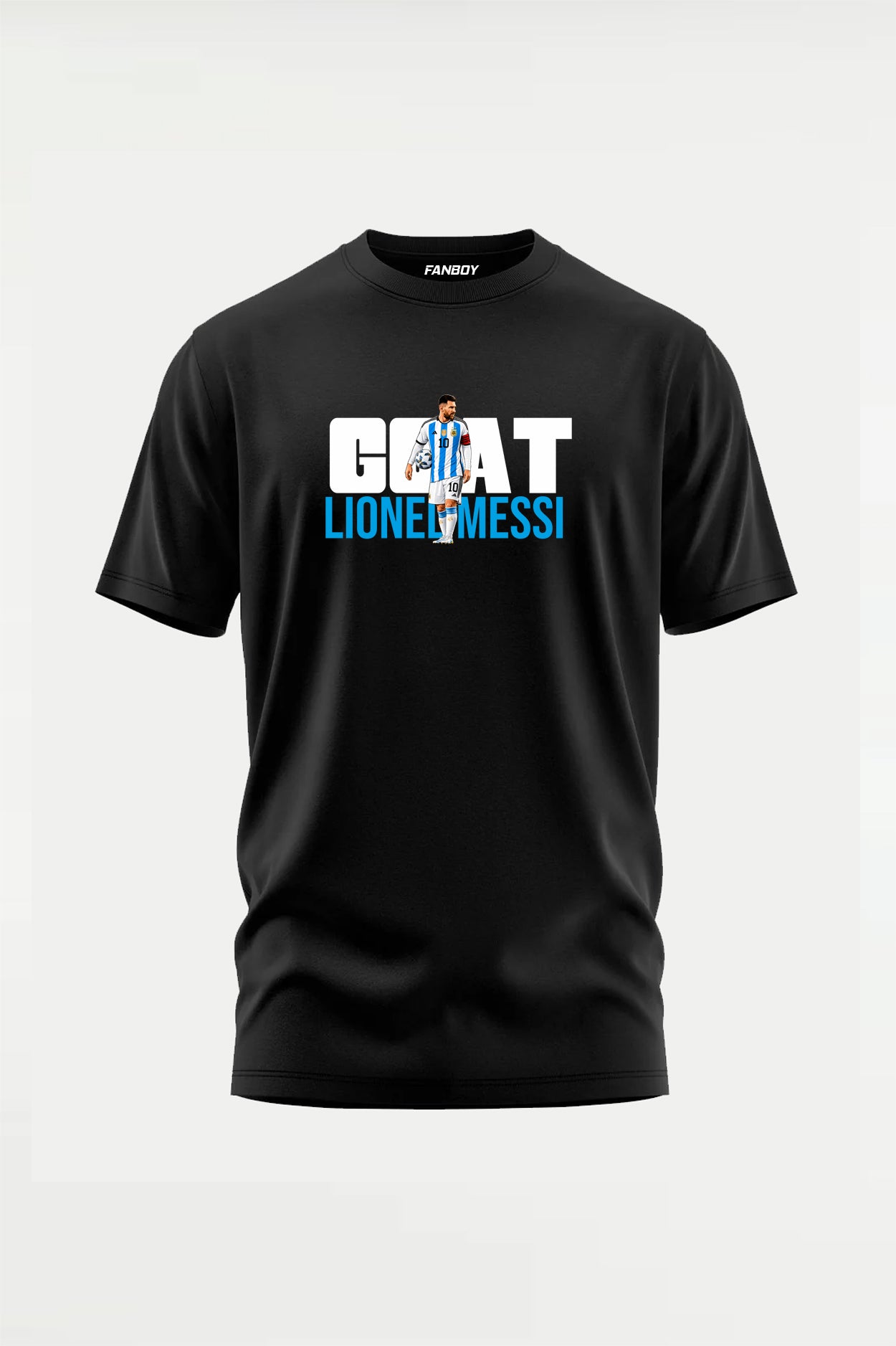 GOAT Lionel Messi oversized black football fan T-shirt featuring bold GOAT typography with Lionel Messi Argentina-inspired graphic design for football lovers and streetwear fans.