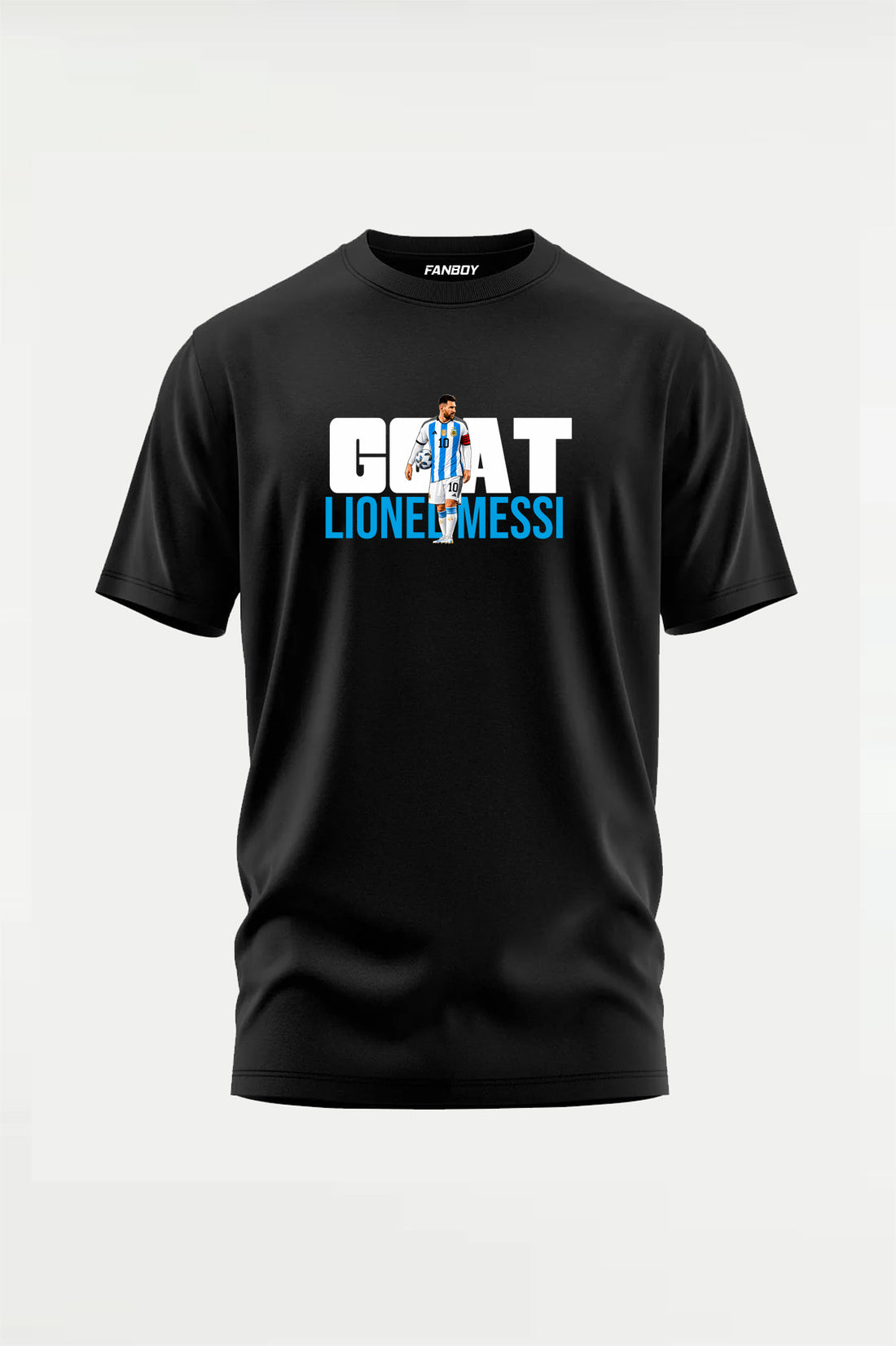 GOAT Lionel Messi oversized black football fan T-shirt featuring bold GOAT typography with Lionel Messi Argentina-inspired graphic design for football lovers and streetwear fans.