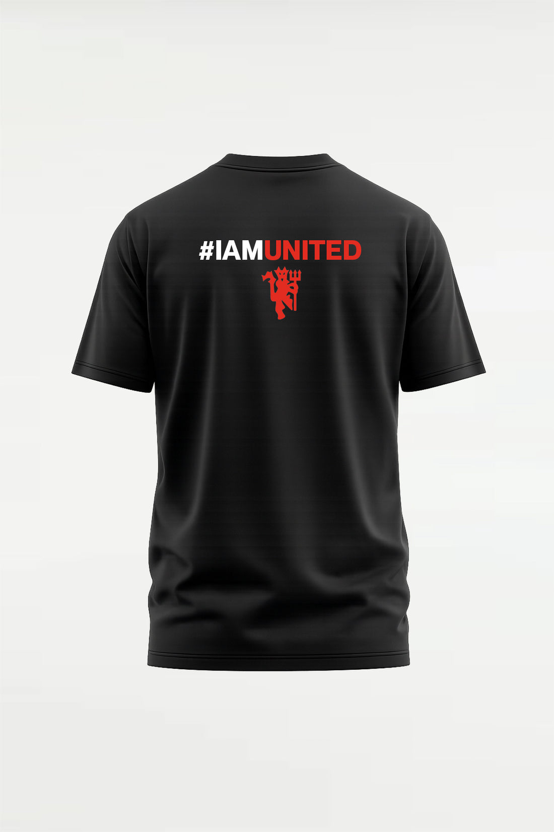 Black oversized football fan t-shirt featuring red devil inspired graphic with #IAMRED and #IAMUNITED print, streetwear style football supporter tee for men at Fanboy.in