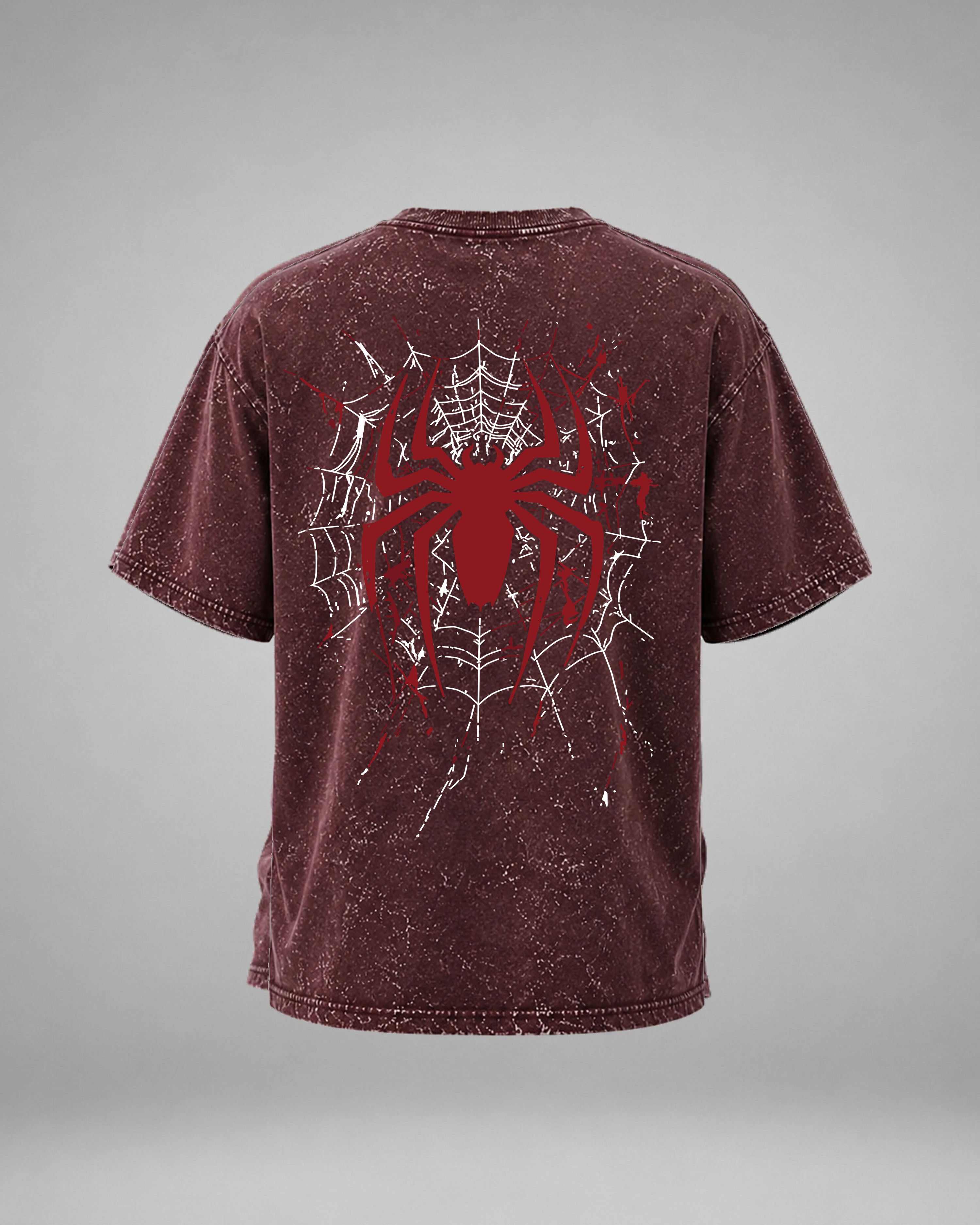 Identity Shift Spider Acid Wash Oversized T-Shirt with bold white spider front graphic and red spider web back print on premium vintage washed cotton.