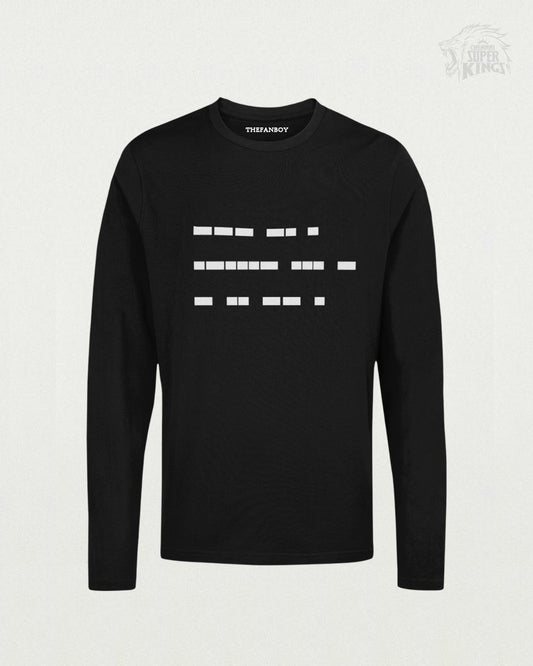 MS Dhoni ‘One Last Time’ Full Sleeve T-Shirt – Black, premium cotton with Morse code design, perfect for cricket fans and CSK supporters