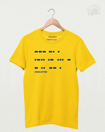 MS Dhoni ‘One Last Time’ Morse Code T-Shirt – Limited Edition Cricket Fan Apparel in Yellow, featuring a unique Morse code design for MSD fans
