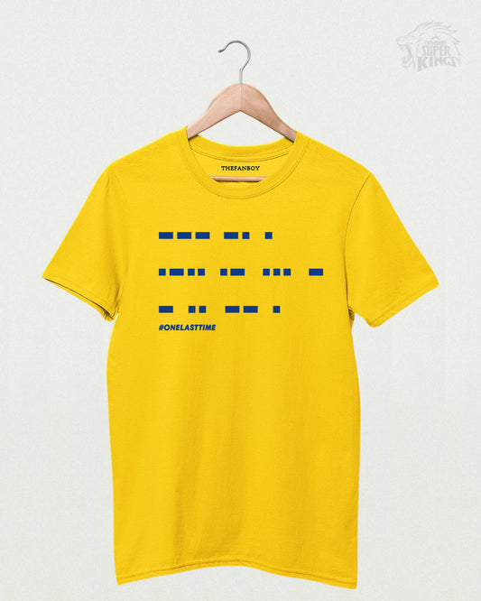 MS Dhoni ‘One Last Time’ Morse Code T-Shirt – Limited Edition Cricket Fan Apparel in Yellow, featuring a unique Morse code design for MSD fans