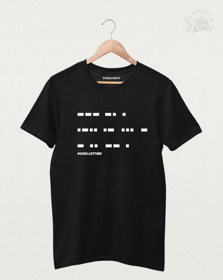 MS Dhoni ‘One Last Time’ Morse Code T-Shirt – Limited Edition Cricket Fan Apparel in Yellow, featuring a unique Morse code design for MSD fans