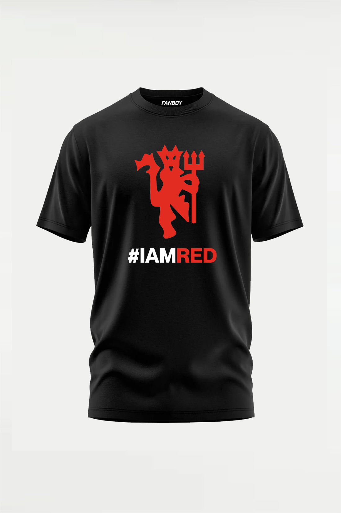 Black oversized football fan t-shirt featuring red devil inspired graphic with #IAMRED and #IAMUNITED print, streetwear style football supporter tee for men at Fanboy.in