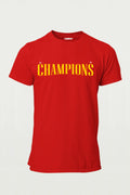  RCB 2026 Champions oversized red t-shirt with “Champions” front print and “One Felt Nice We Did It Twice” back design for Royal Challengers Bangalore cricket fans