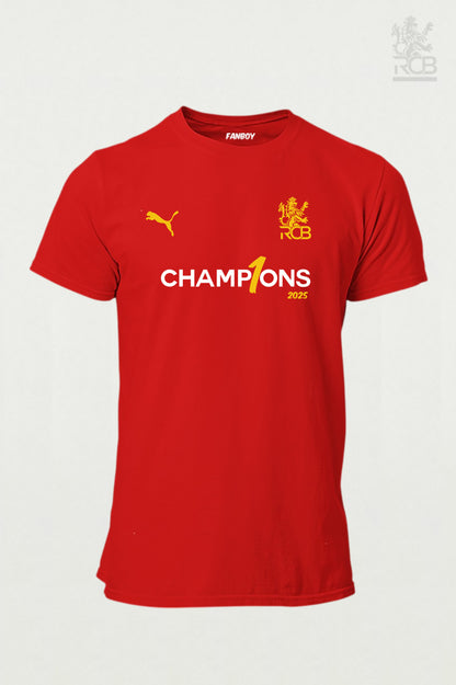 RCB Champion 2025 T-Shirt featuring bold victory design – Official IPL 2025 winner merchandise for Virat Kohli & RCB fans from TheFanboy.in