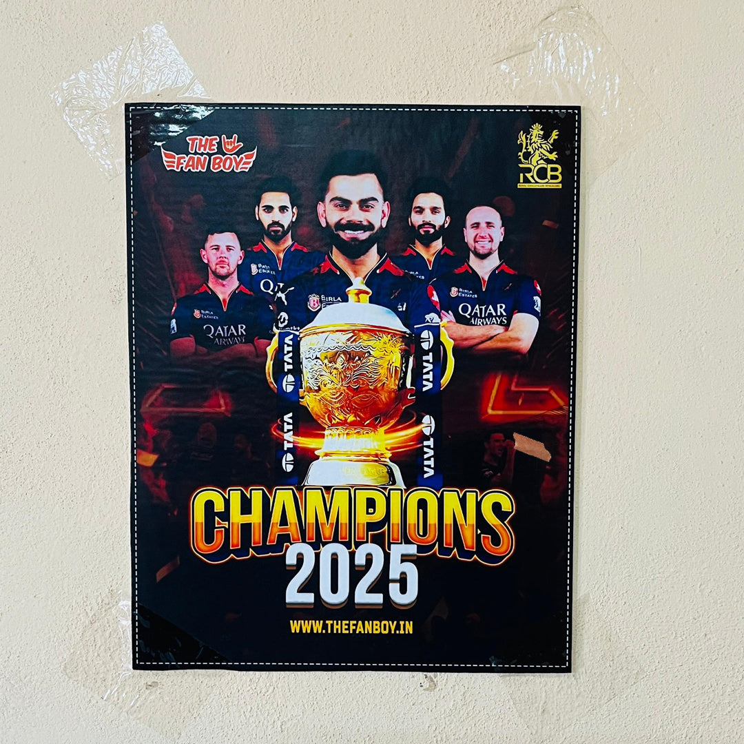RCB IPL Champion 2025 Poster featuring Virat Kohli celebrating victory – Premium RCB fan collectible from TheFanboy.in