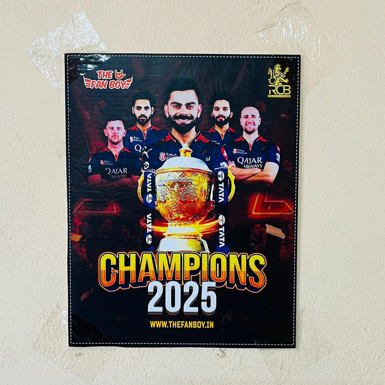 RCB IPL Champion 2025 Poster featuring Virat Kohli celebrating victory – Premium RCB fan collectible from TheFanboy.in