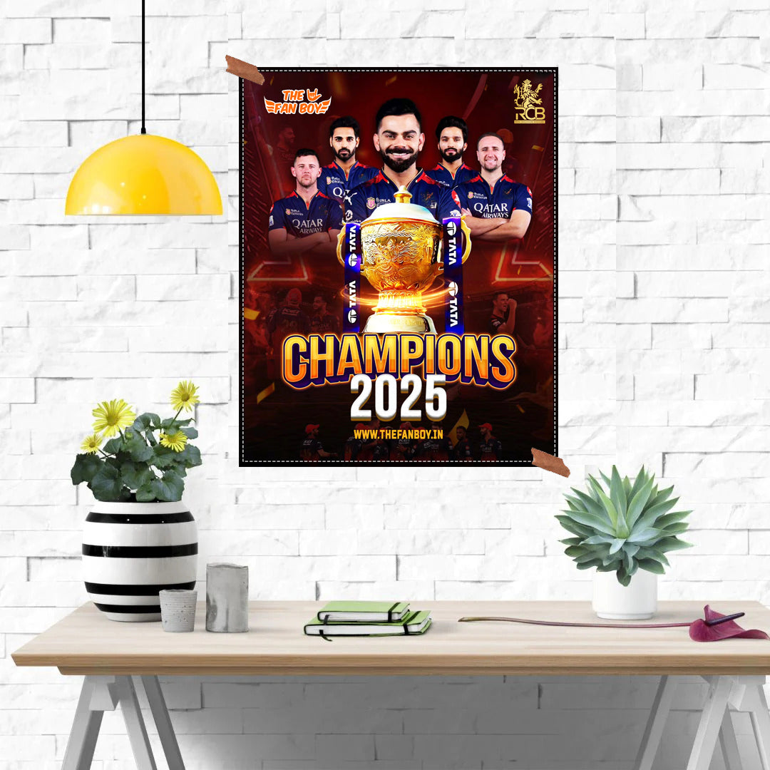 RCB IPL Champion 2025 Poster featuring Virat Kohli celebrating victory – Premium RCB fan collectible from TheFanboy.in