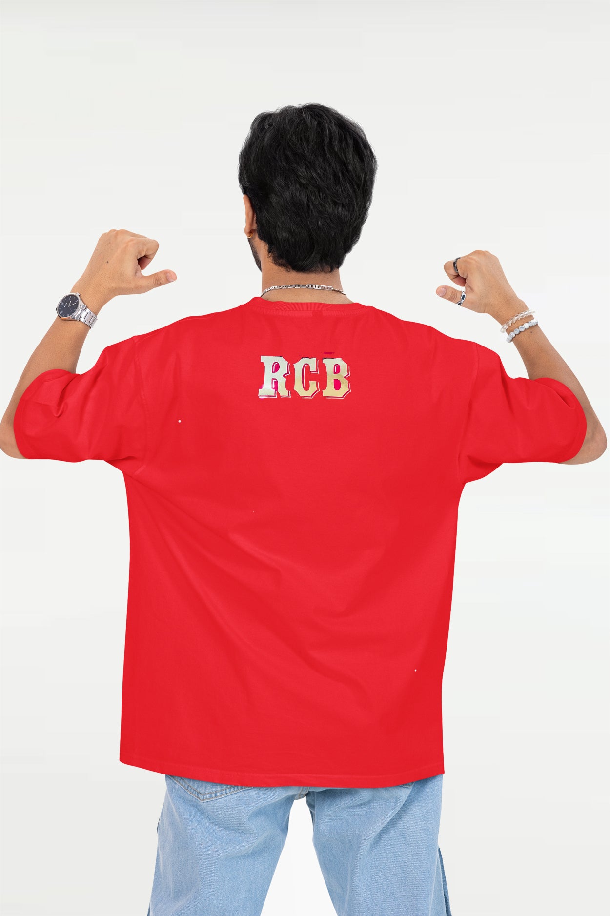 Close-up of RCB gold print design on red cotton T-shirt premium edition