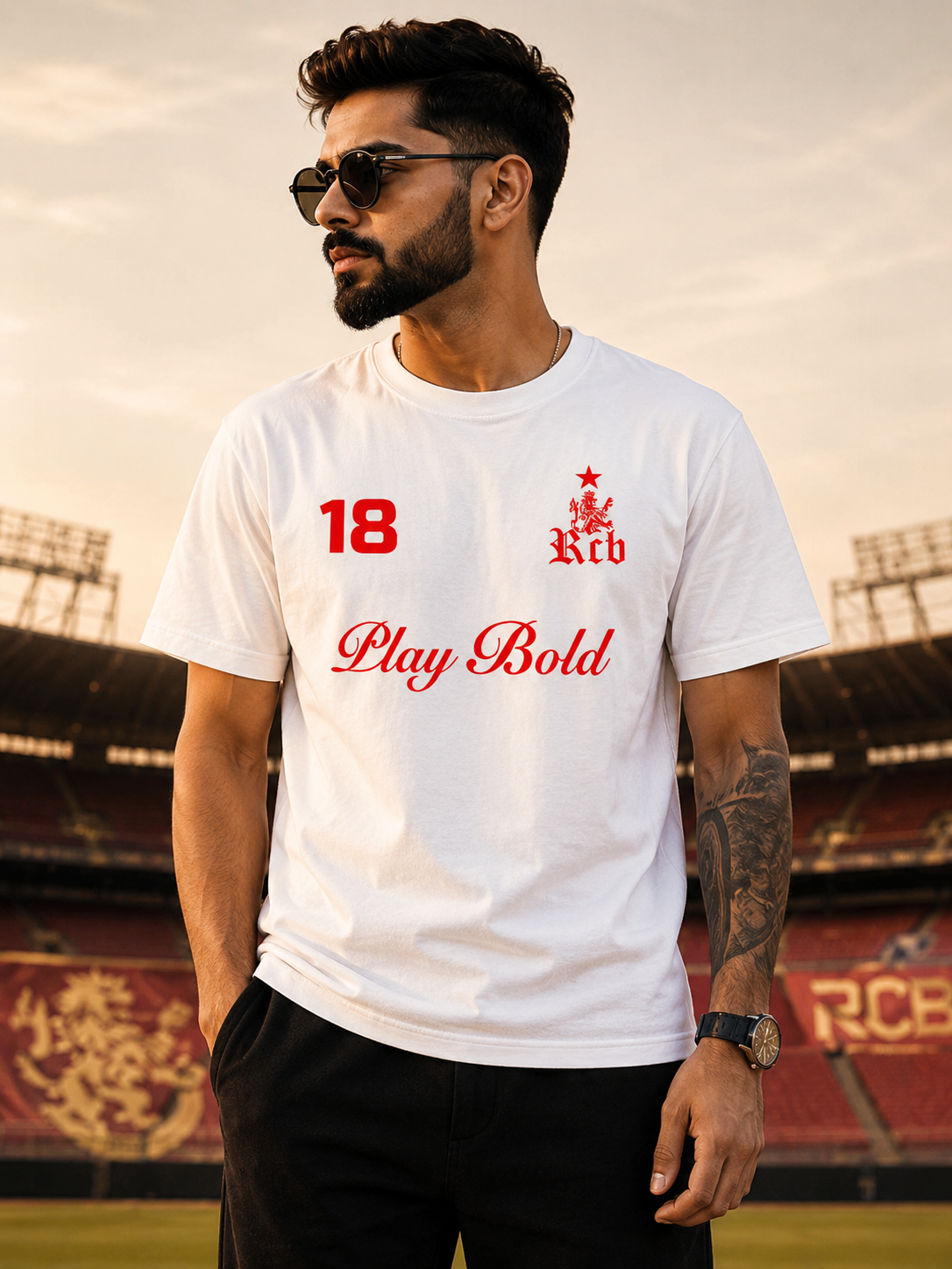 RCB inspired Play Bold 18 cricket fan t-shirt white color front design