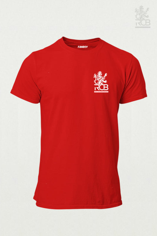 Red RCB T-shirt for fans with official Royal Challengers Bangalore logo printed – 100% cotton IPL 2025 merchandise by thefanboy.in