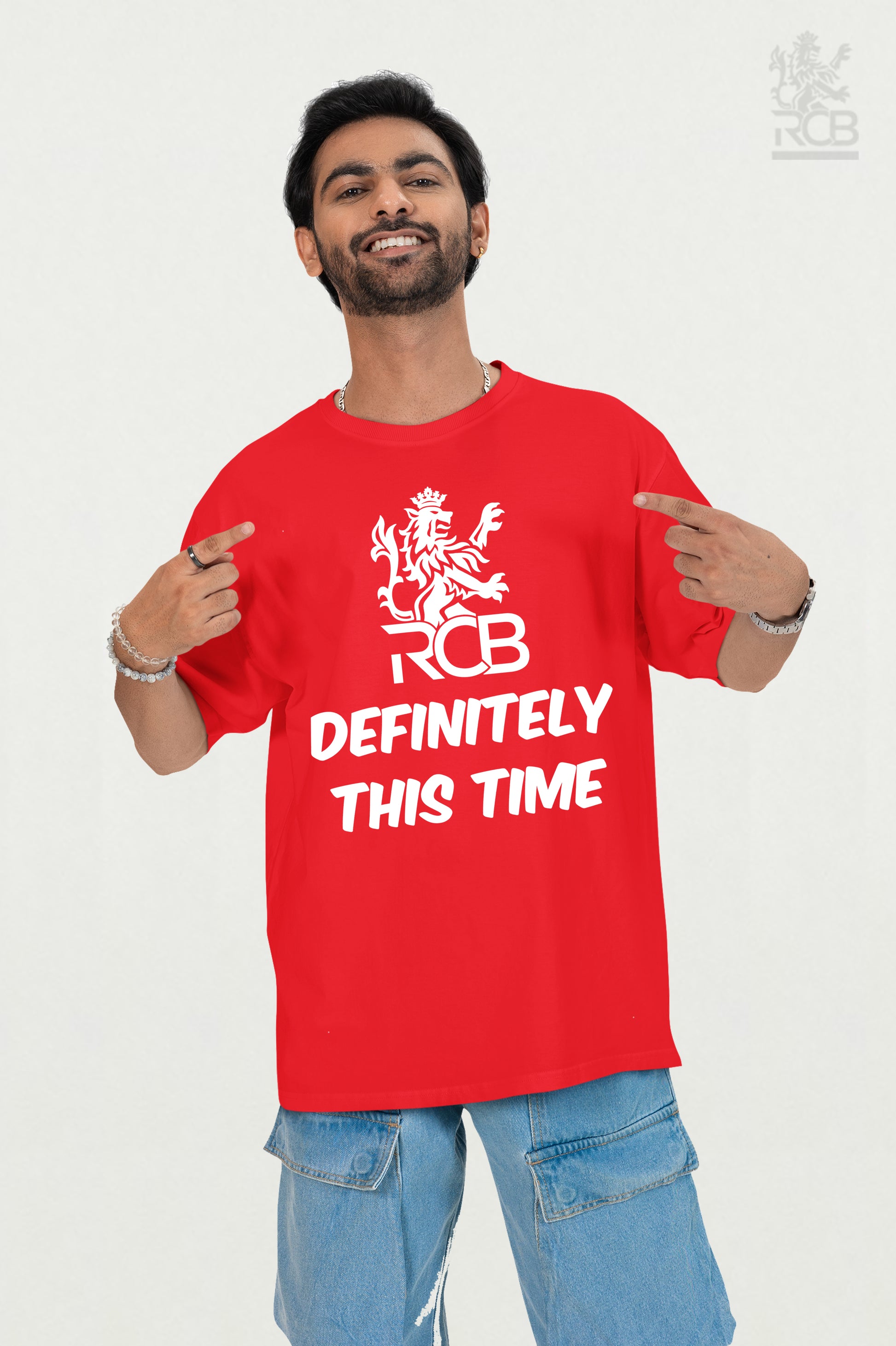 Definitely This Time RCB T-shirt Red oversize for IPL 2025 – Royal Challengers Bangalore fan merchandise with bold white typography