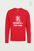 Red Definitely This Time RCB T-shirt for IPL 2025 – Royal Challengers Bangalore fan merchandise with bold white typography