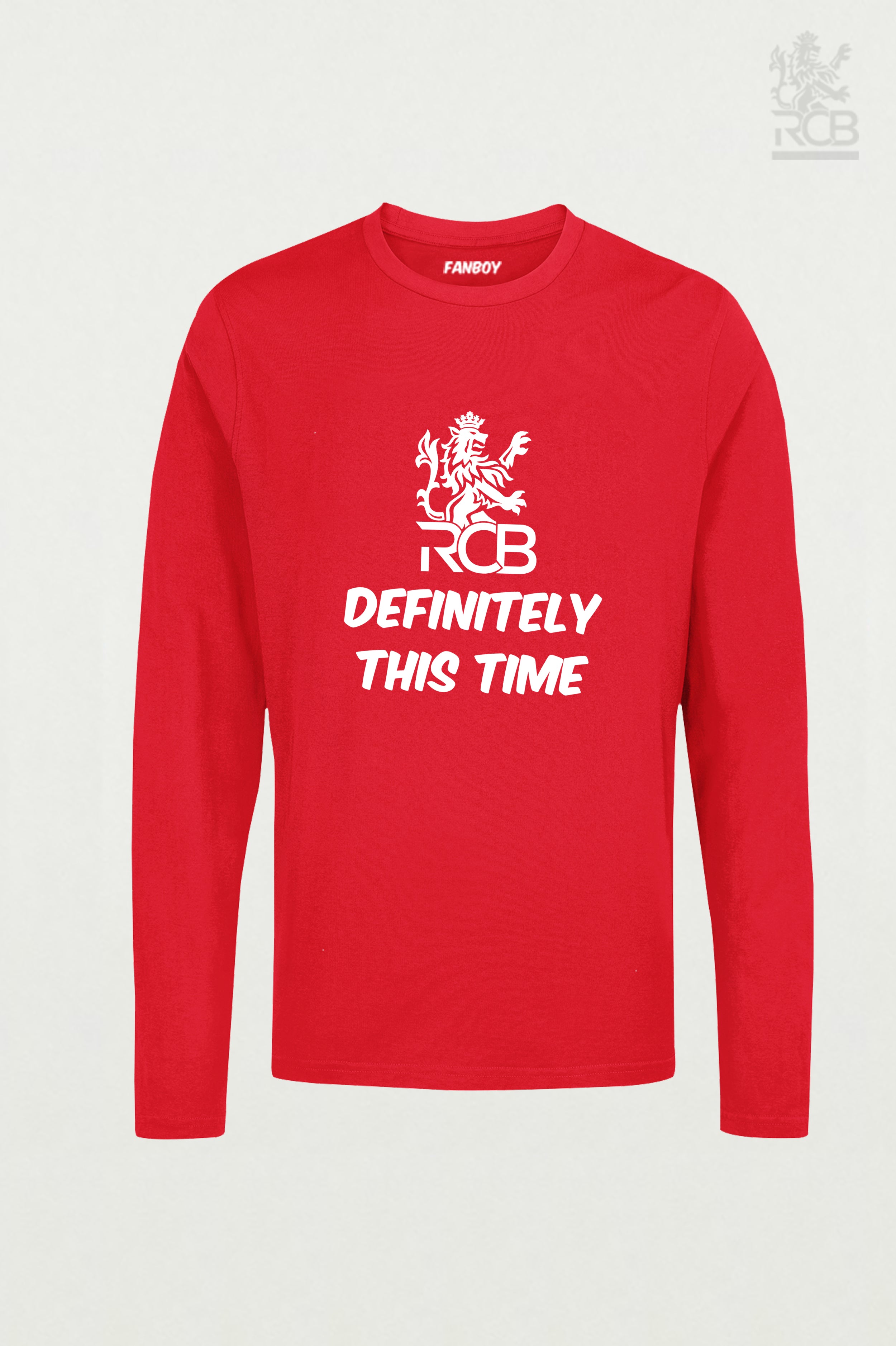 Red Definitely This Time RCB T-shirt for IPL 2025 – Royal Challengers Bangalore fan merchandise with bold white typography
