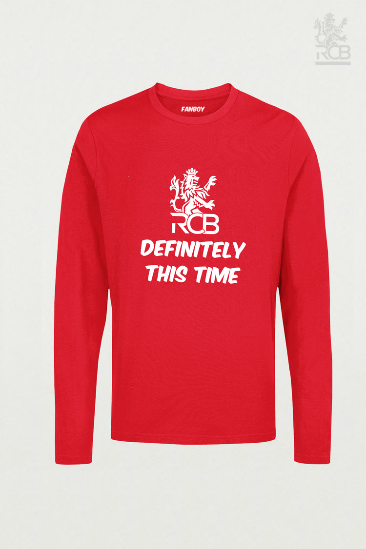Red Definitely This Time RCB T-shirt for IPL 2025 – Royal Challengers Bangalore fan merchandise with bold white typography