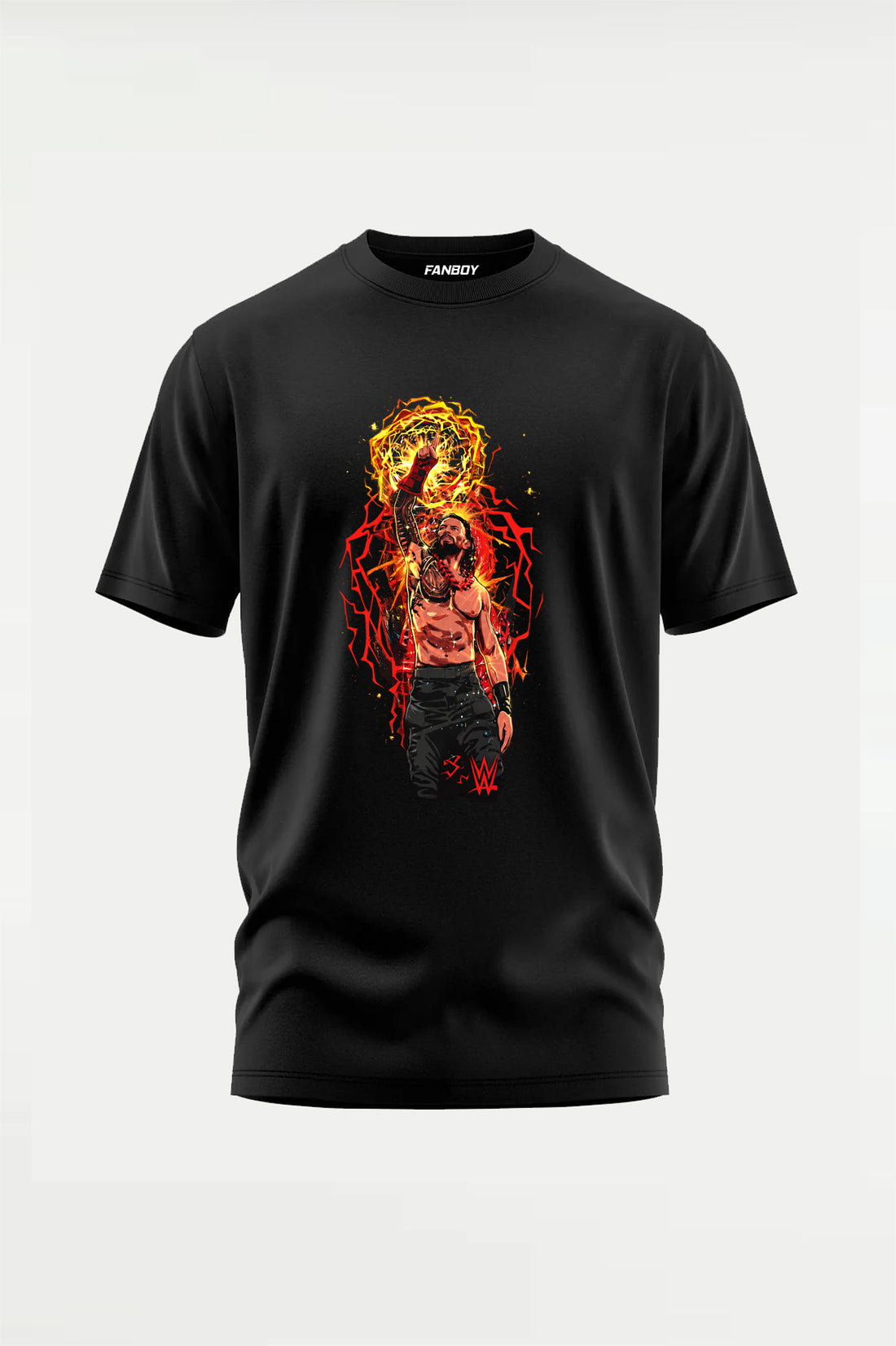 Roman Reigns Aura Cartoon T-Shirt featuring stylized Tribal Chief artwork on the front and "The Only True Champion OTC" graphic on the back - WWE fan graphic tee in black.