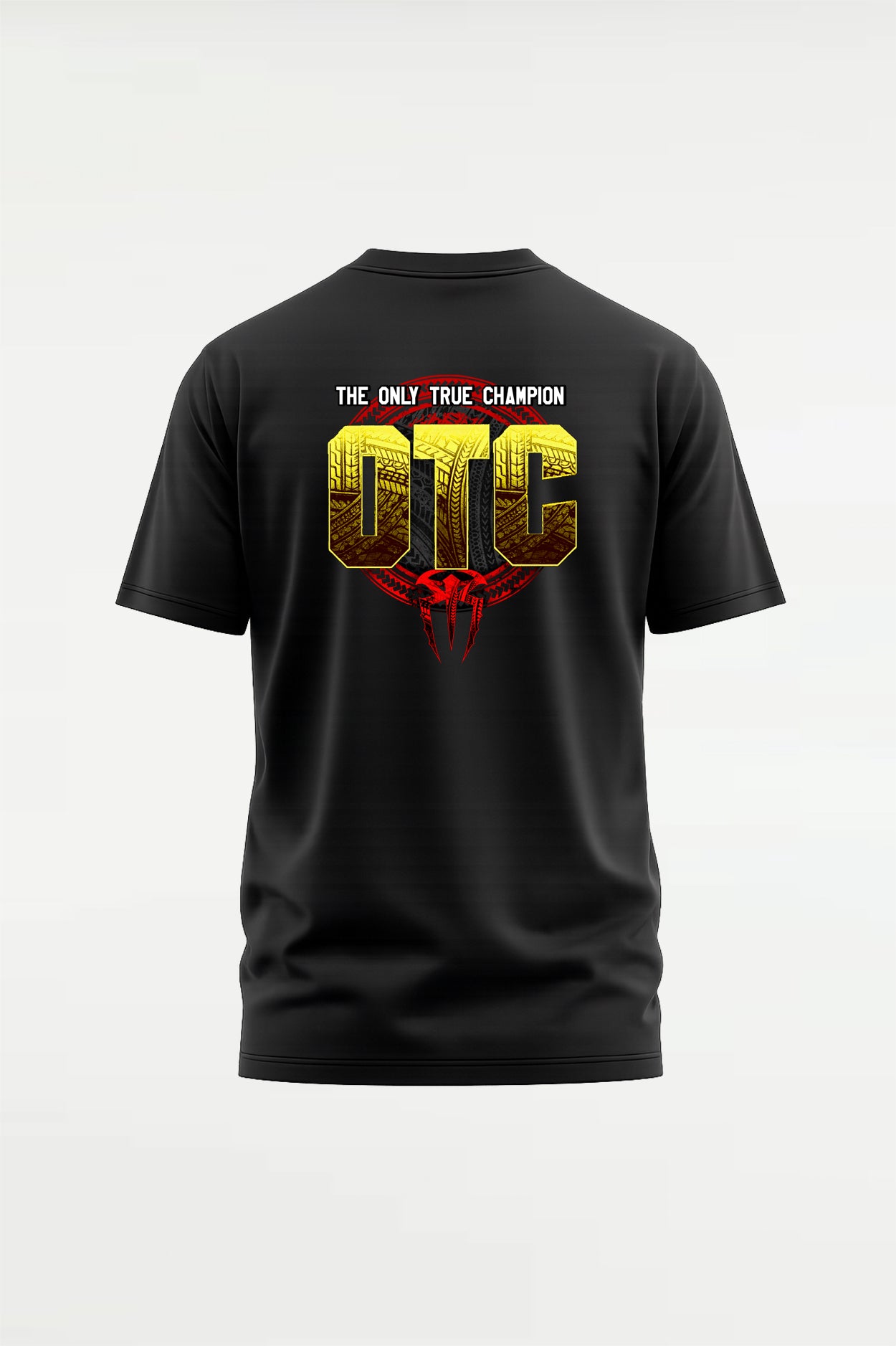 Roman Reigns Aura Cartoon T-Shirt featuring stylized Tribal Chief artwork on the front and "The Only True Champion OTC" graphic on the back - WWE fan graphic tee in black.