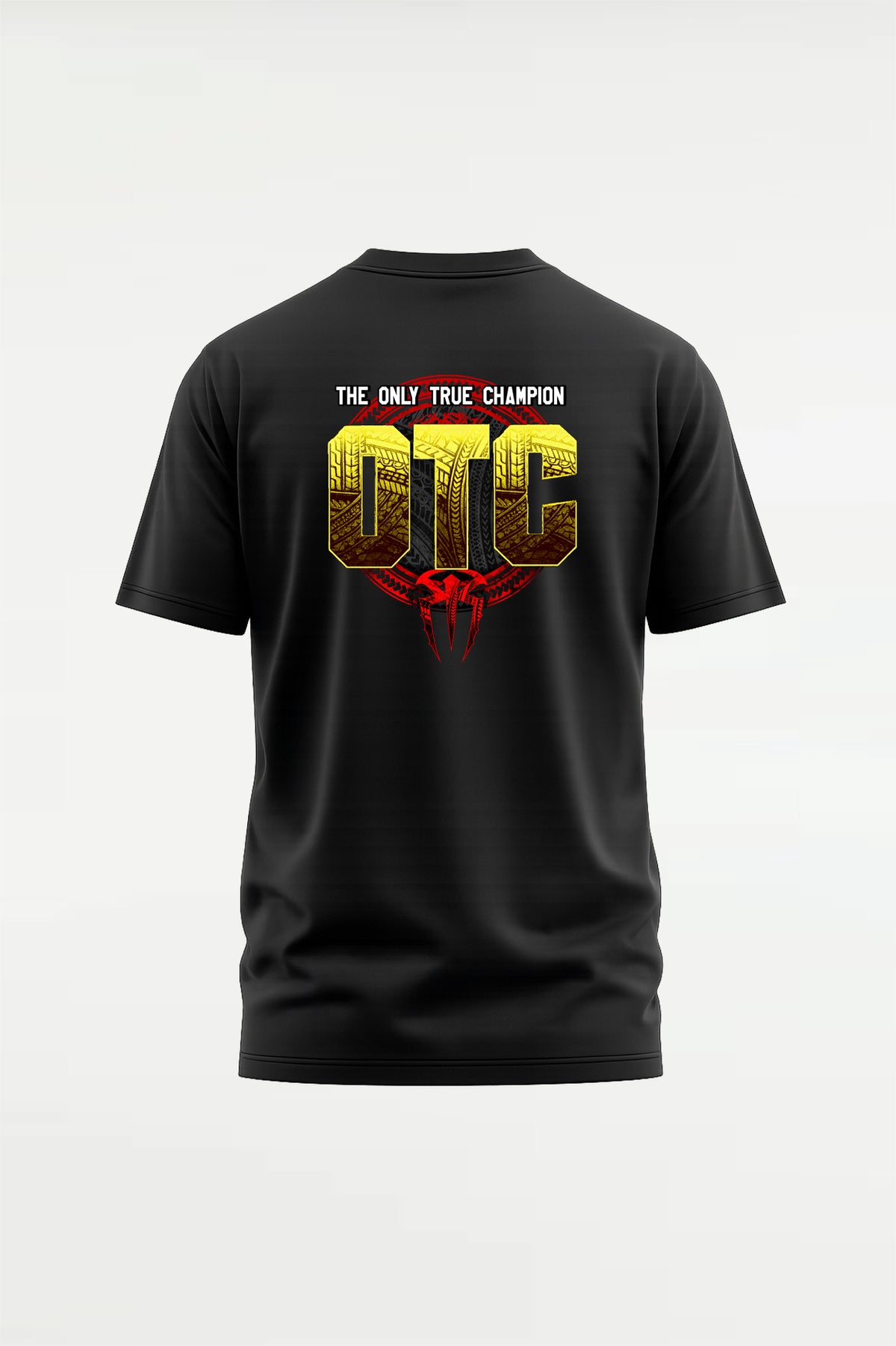 Roman Reigns Aura Cartoon T-Shirt featuring stylized Tribal Chief artwork on the front and "The Only True Champion OTC" graphic on the back - WWE fan graphic tee in black.