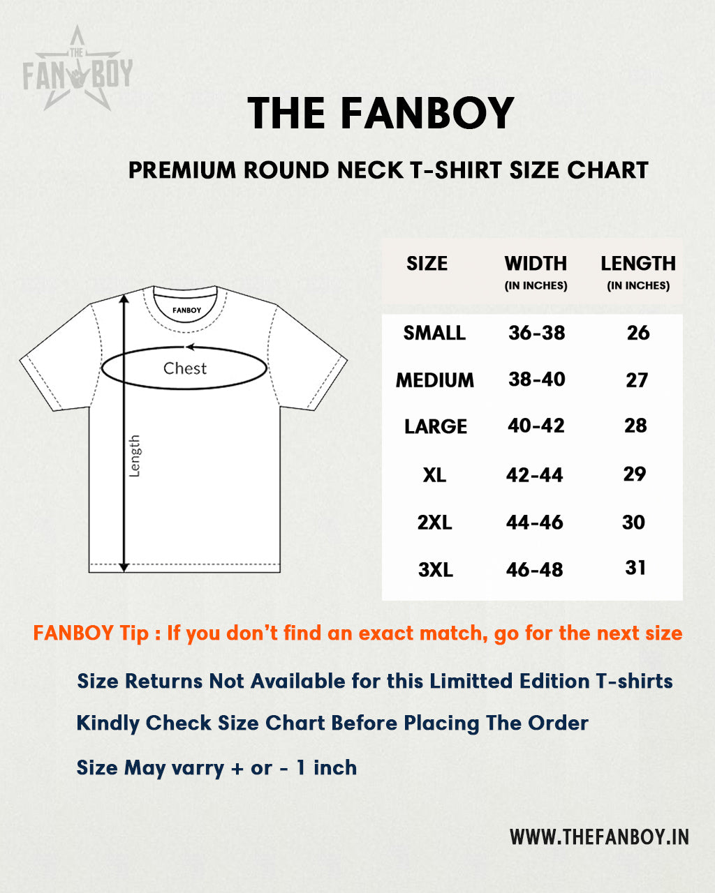 TheFanboy Classic Round Neck Size Chart – Find your perfect fit for TheFanboy Round Neck