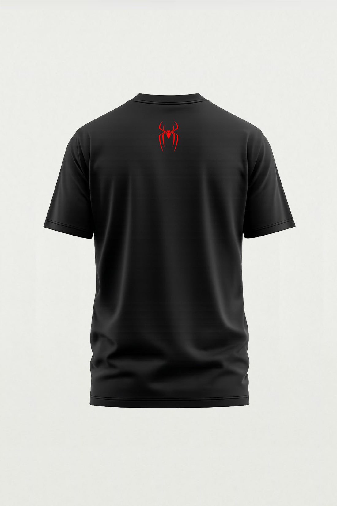 Spider Web Slinger Regular Fit T-Shirt front view in black with minimalist spider chest print. Premium cotton graphic tee for Spider fans by FANBOY.