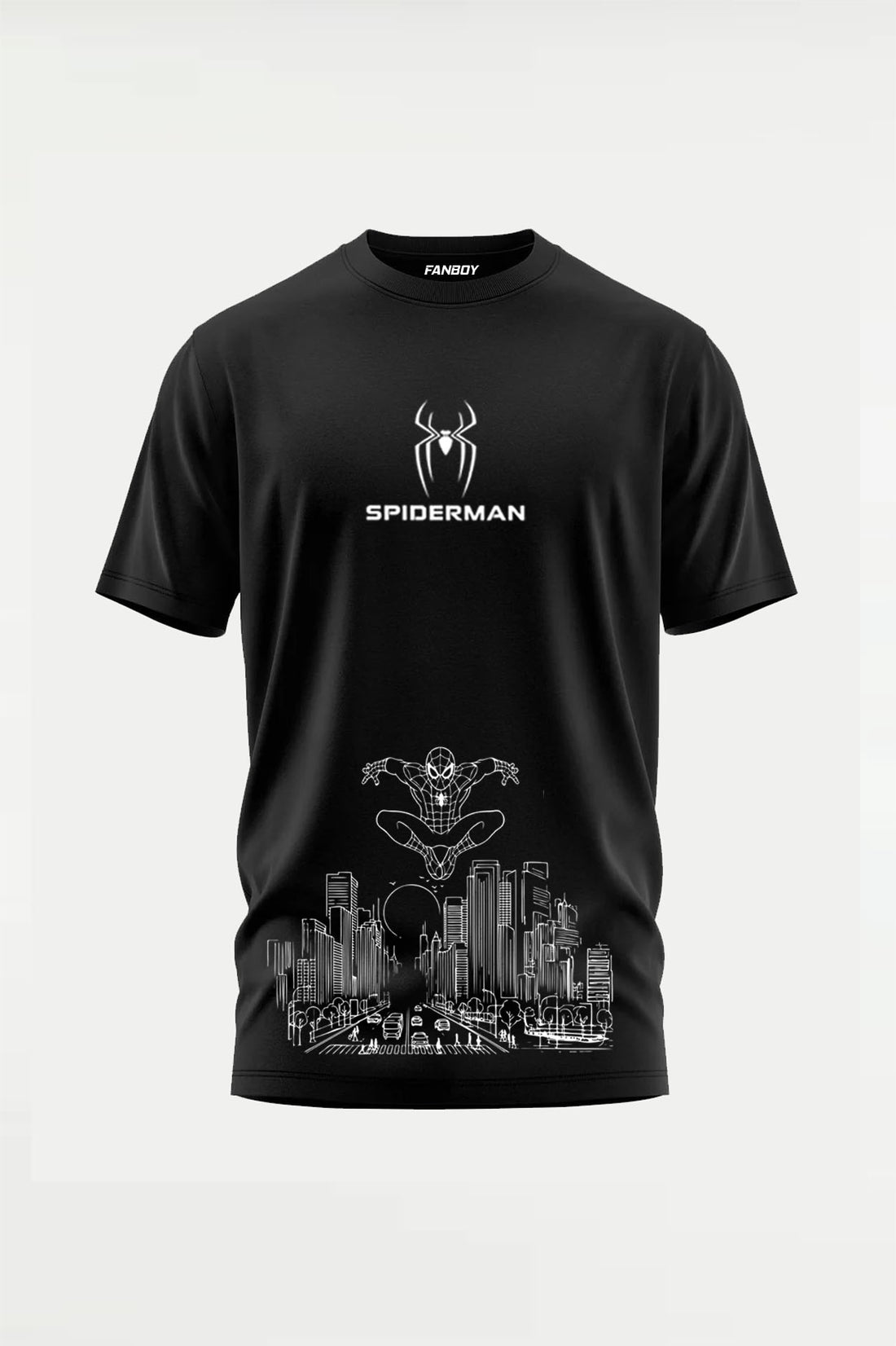 Spider Legacy Tee featuring a minimal spider emblem on the front and a bold spider web graphic on the back. Premium oversized cotton streetwear T-shirt by The Fanboy.