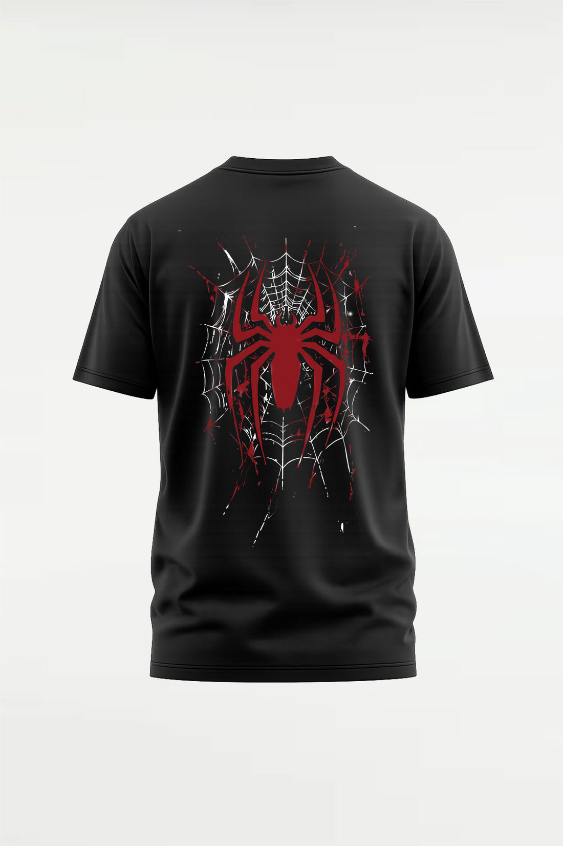 Spider Web Slinger Regular Fit T-Shirt front view in black with minimalist spider chest print. Premium cotton graphic tee for Spider fans by FANBOY.